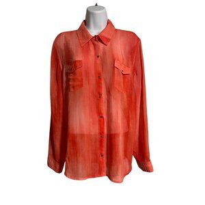 Chicos Sheer Button-Up Collared Blouse With Pockets Size 2 Red US L 12